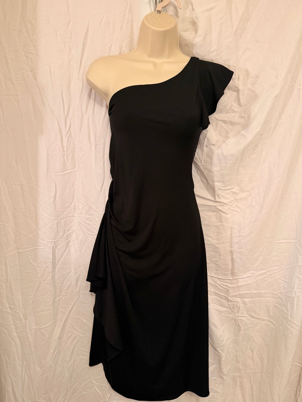Black One Shoulder Ruffle Draped Cocktail Dress Size L
